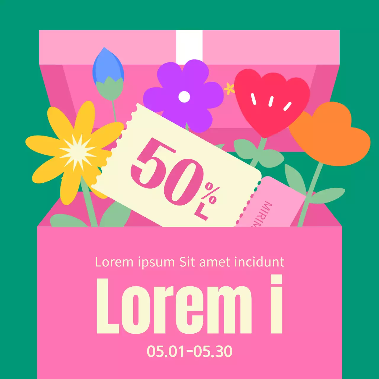 Un simpatico annuncio di vendita verde e rosa per il Mese delle Famiglie di maggio.