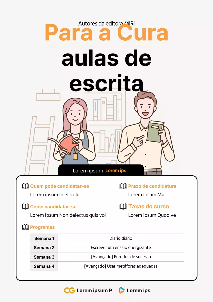 Folheto promocional de uma aula de escrita em cinzento e laranja