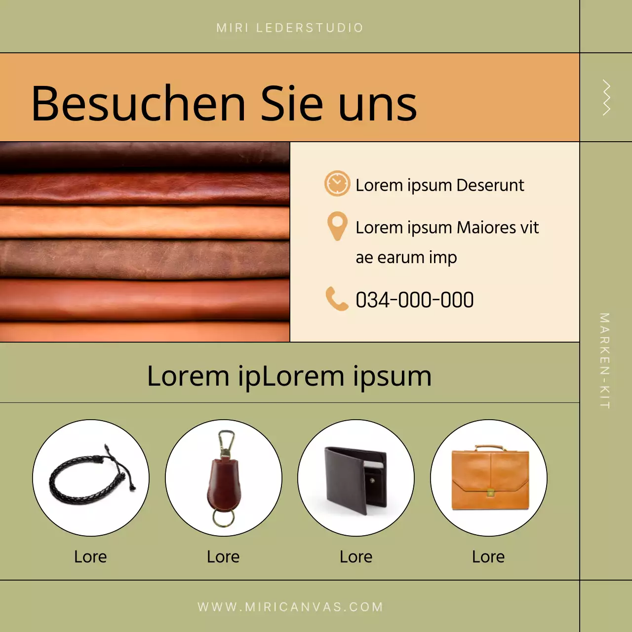 Werbung für eine moderne Lederwerkstatt in Khaki und Beige