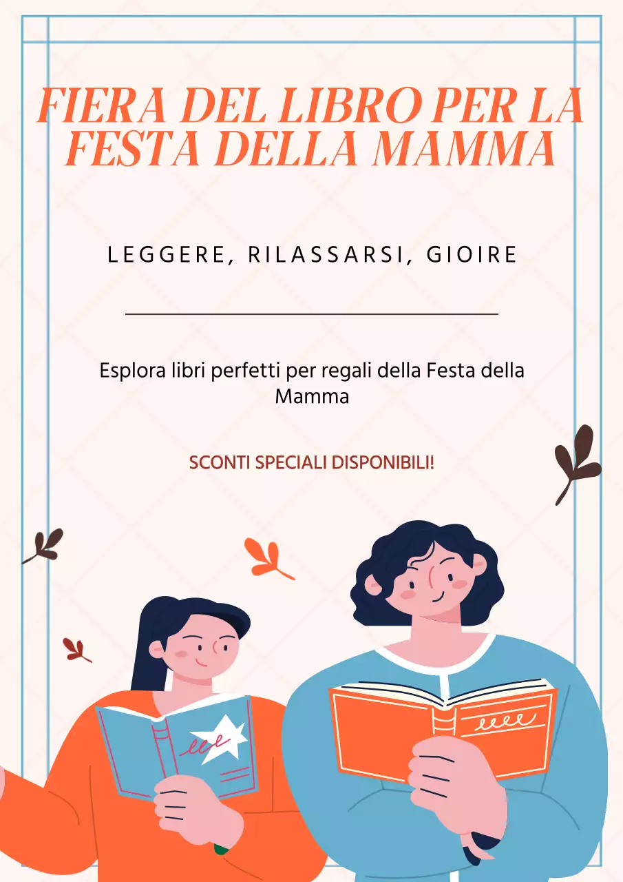 Pubblicità classica beige e arancione della Fiera del Libro per la Festa della Mamma