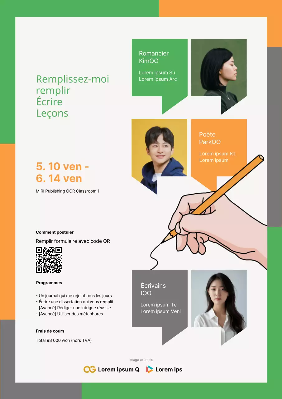 Un flyer moderne de cours d'écriture en vert et orange.
