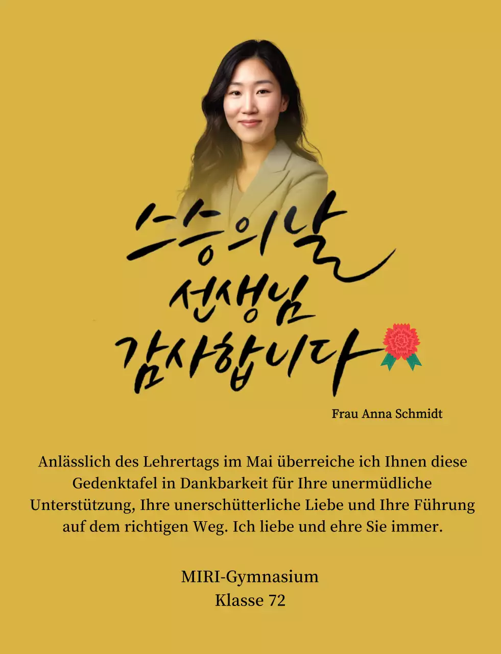 Eine farbenfrohe Dankeskarte zum Lehrertag mit Nelkenillustration, Kalligrafie und Foto