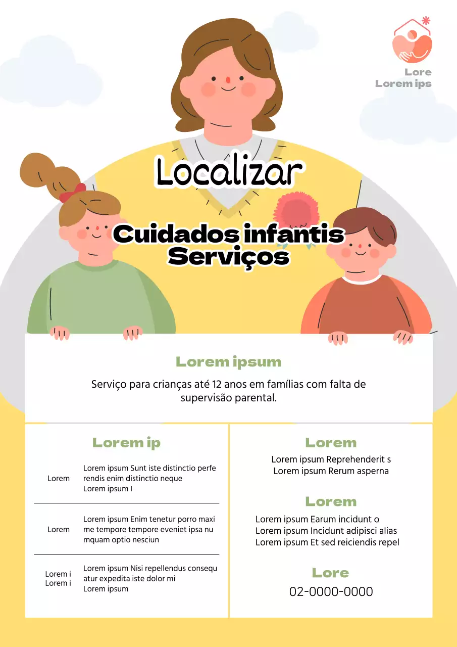 Bonito folheto amarelo e verde a promover serviços de cuidados infantis