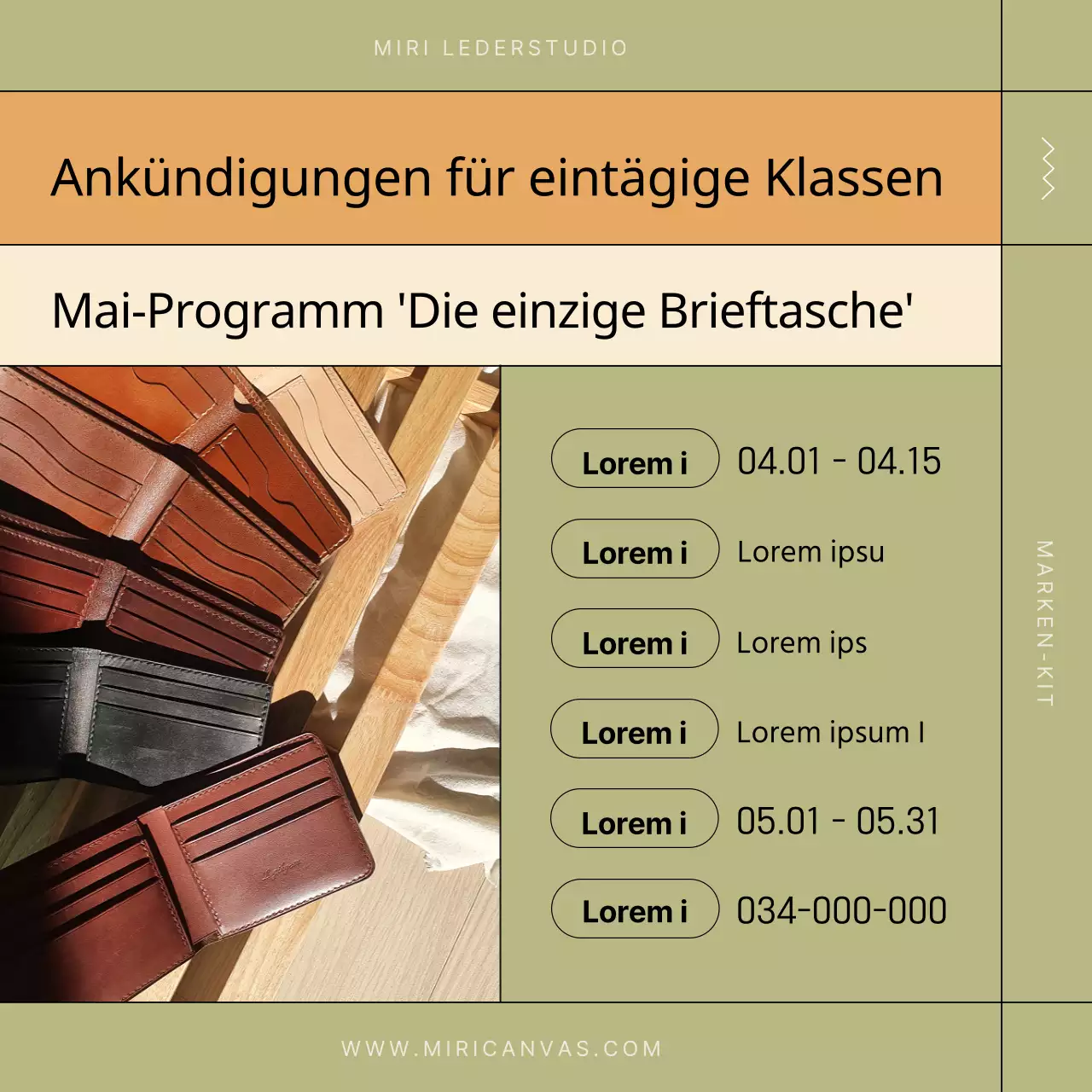 Werbung für eine moderne Lederwerkstatt in Khaki und Beige