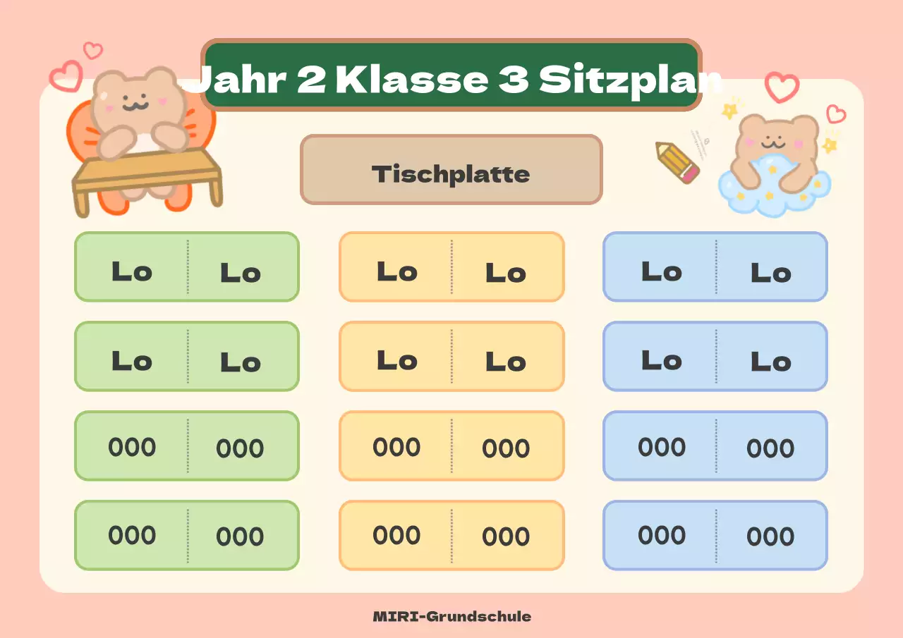 Hängen Sie einen hübschen rosa-gelben Sitzplan für das Klassenzimmer auf