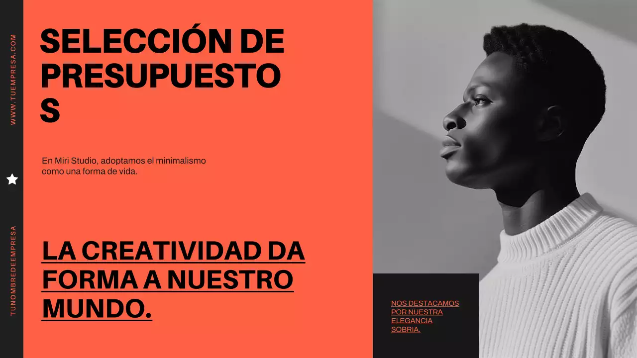 Perfil de empresa moderno y minimalista en naranja y negro