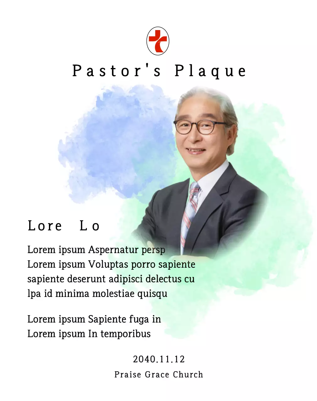 Plakat peresmian gereja yang lembut dengan latar belakang cat air gradien dan foto