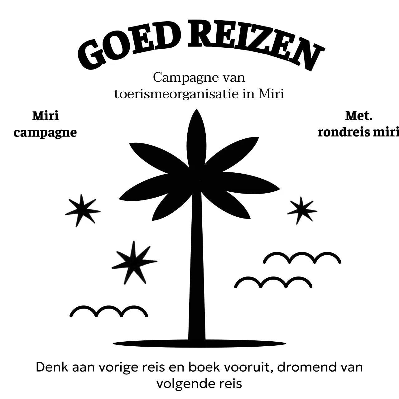 Eenvoudig reisbureau met palmbomen, sterren en golven