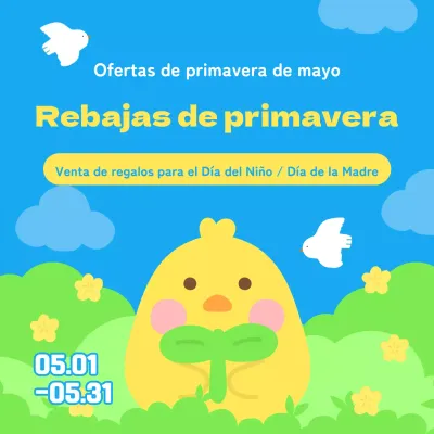 Un bonito anuncio de rebajas de mayo en azules claros y amarillos