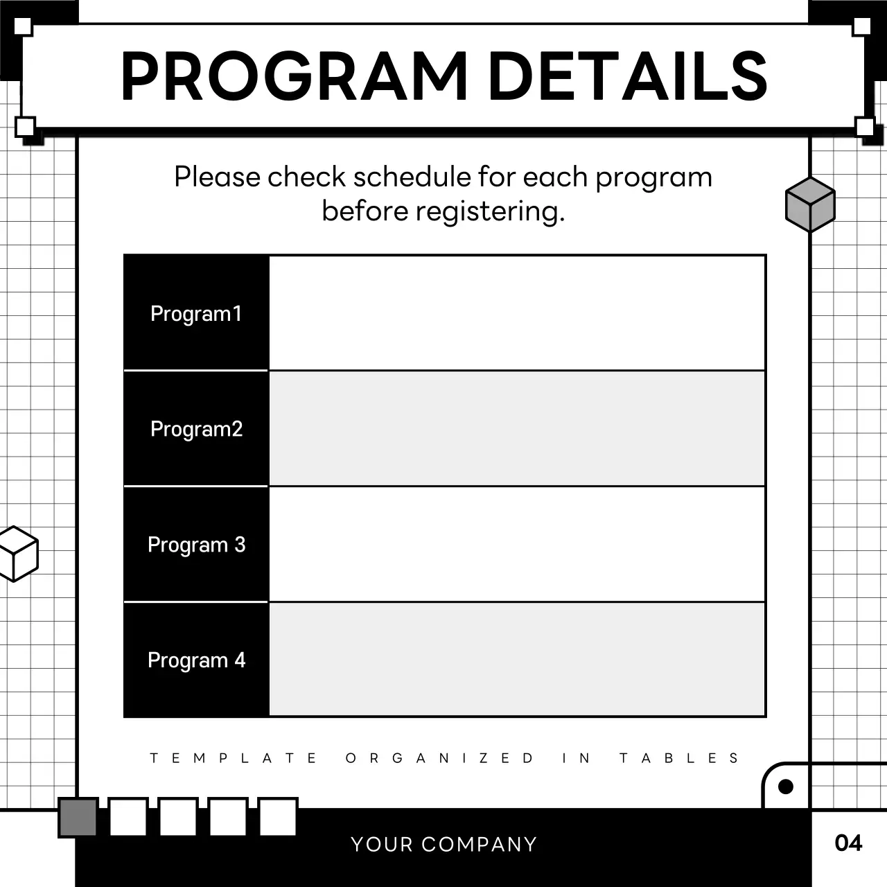 A simple black and white table guide