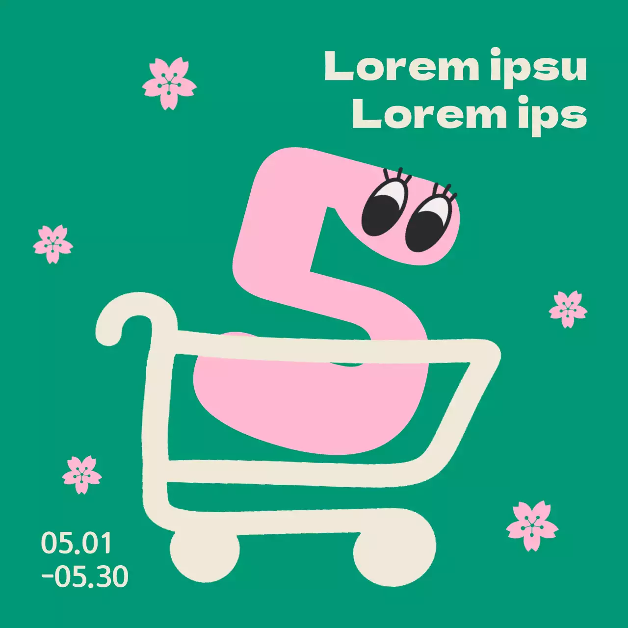 Une jolie publicité verte et rose pour les soldes du mois de mai de la famille