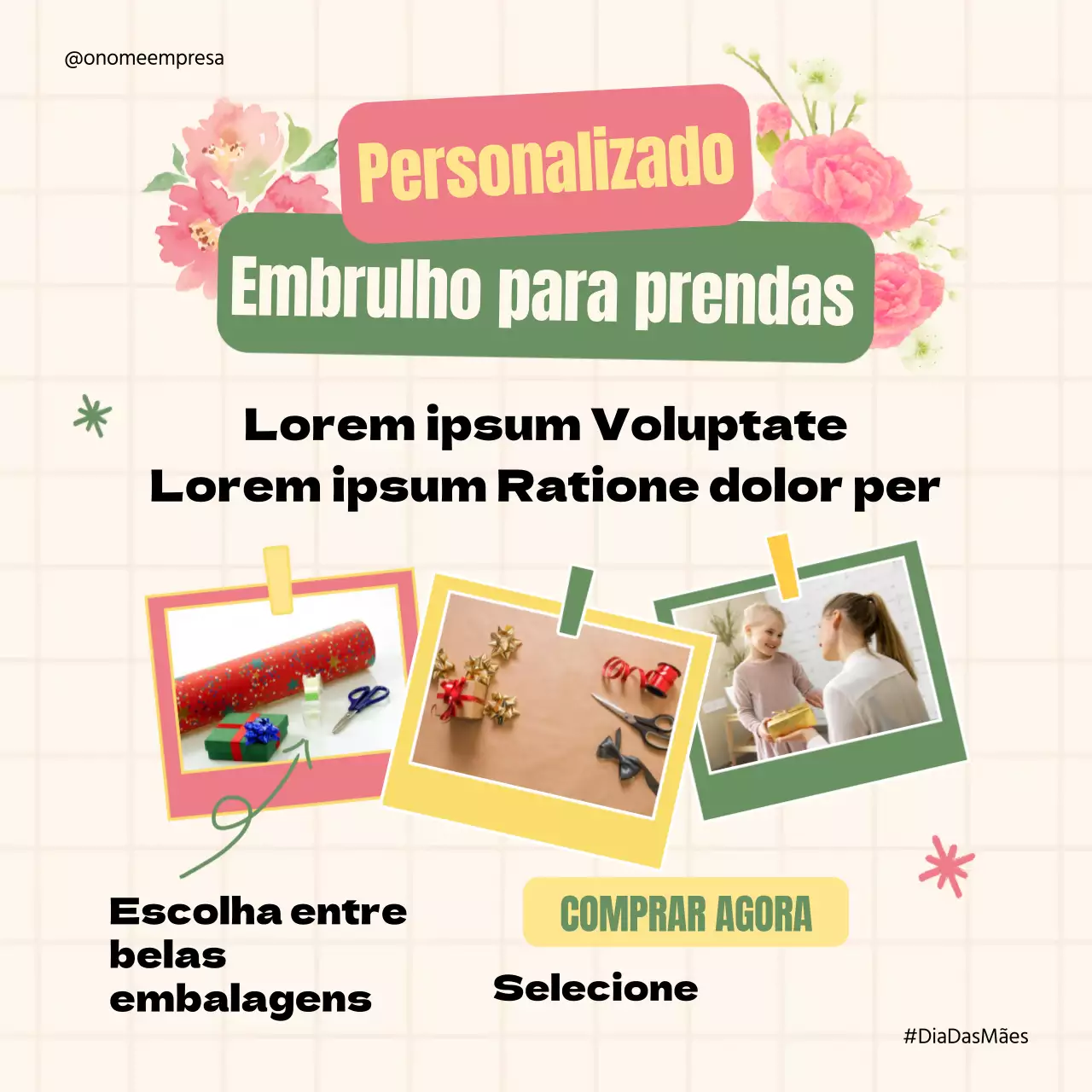 Publicidade de embrulhos para presentes do Dia da Mãe em cor-de-rosa e verde natural