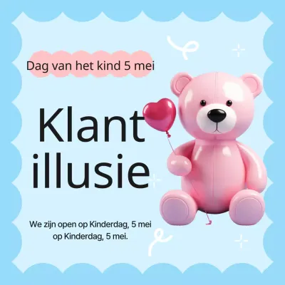 Een lichtblauwe en roze aankondiging voor de opening van Kinderdag