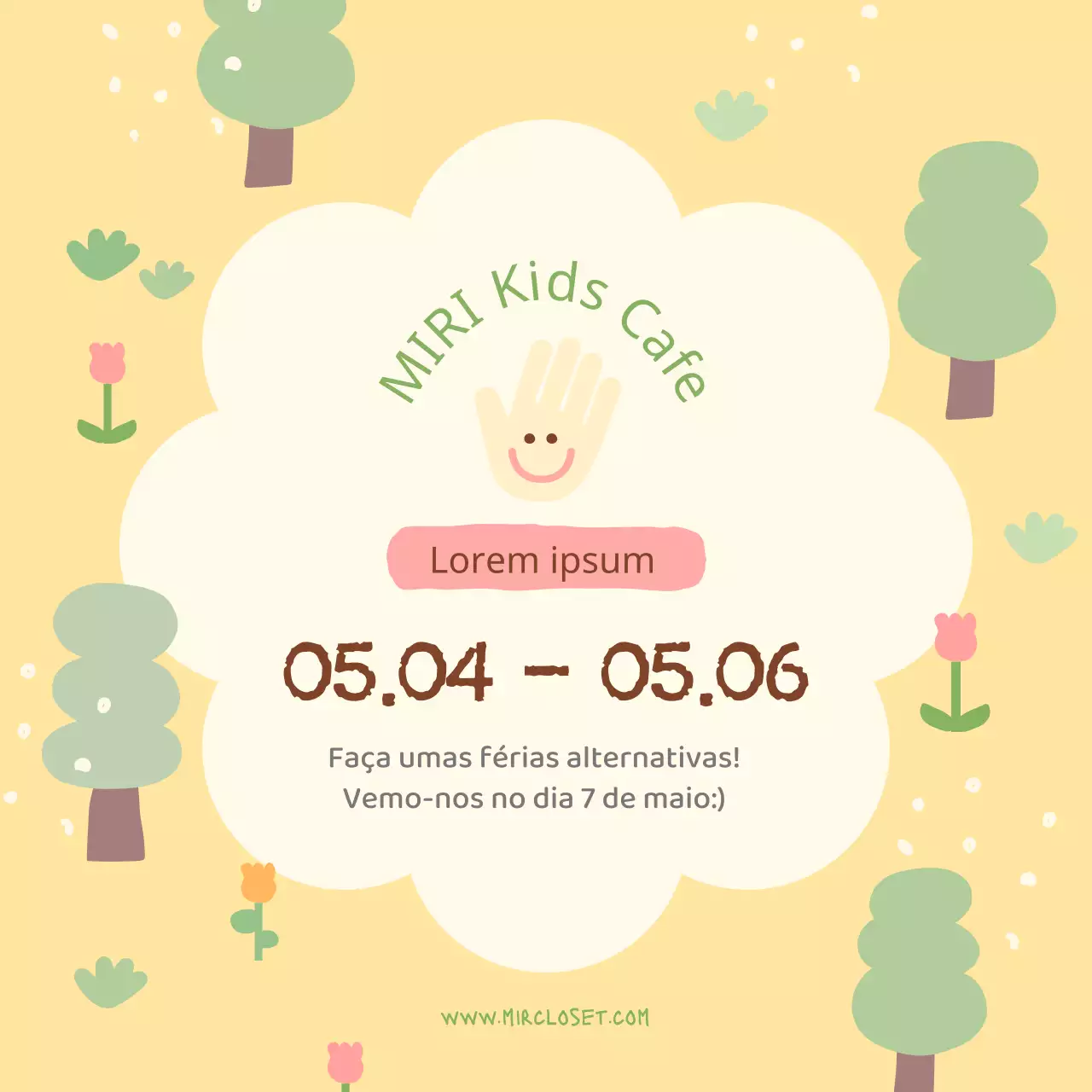 Um anúncio minimalista das férias de maio em amarelo e cor-de-rosa