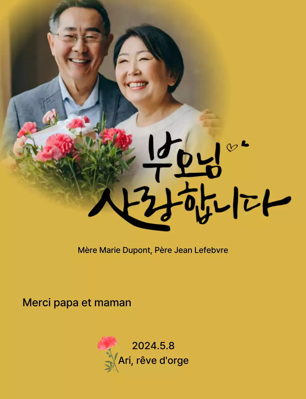 Motif de la fête des mères avec œillets et texte calligraphié sentimental