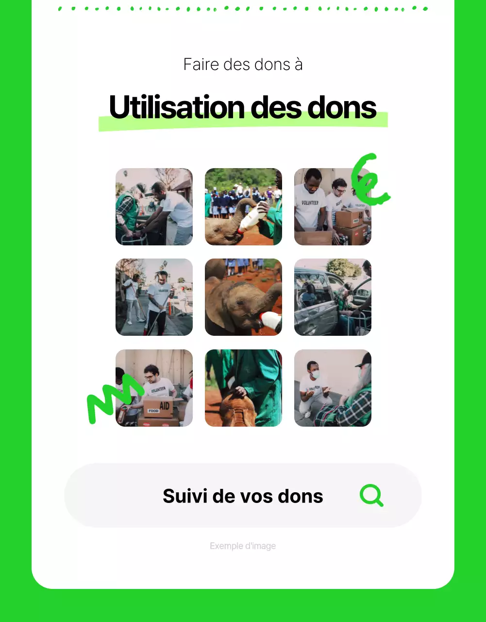 Informations simples sur le parrainage des ONG en blanc et en couleurs fluorescentes