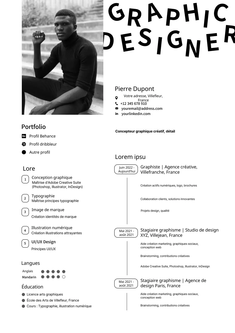 Portefeuille de CV minimal en noir et blanc