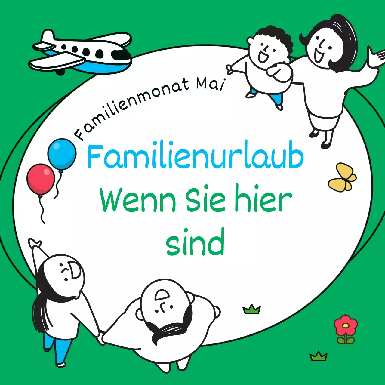 Minimalistische Familienreiseanzeige in Grün und Weiß