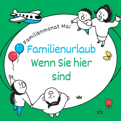 Minimalistische Familienreiseanzeige in Grün und Weiß