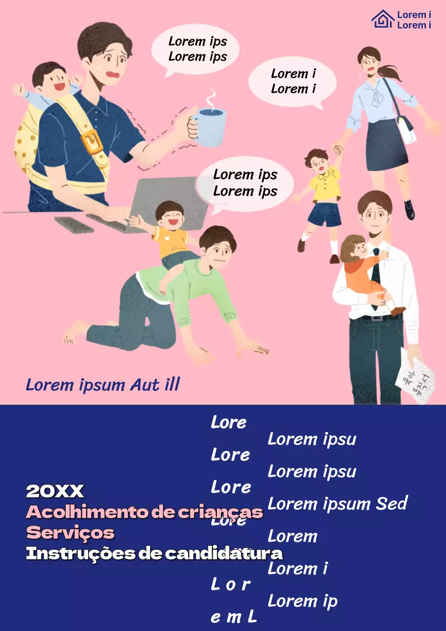 Bonito folheto cor-de-rosa e azul-marinho para promover serviços de cuidados infantis