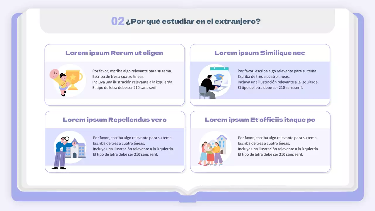 Un sencillo folleto de estudios en el extranjero en malva y blanco