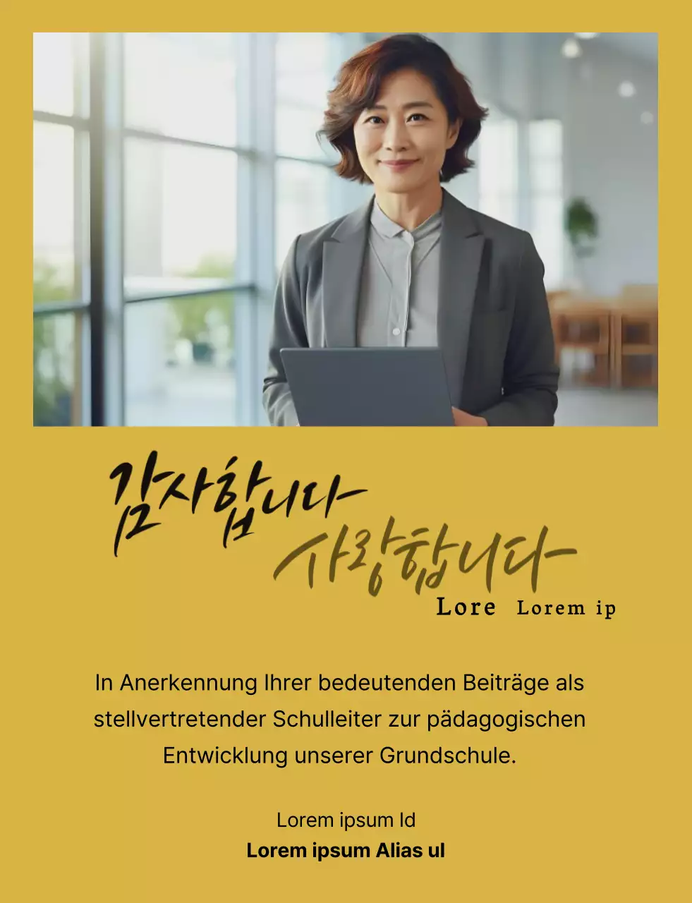 Eine stilvolle Danksagung mit einem Foto und Kalligraphie