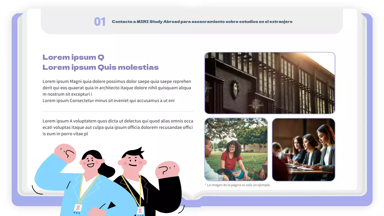 Un sencillo folleto de estudios en el extranjero en malva y blanco