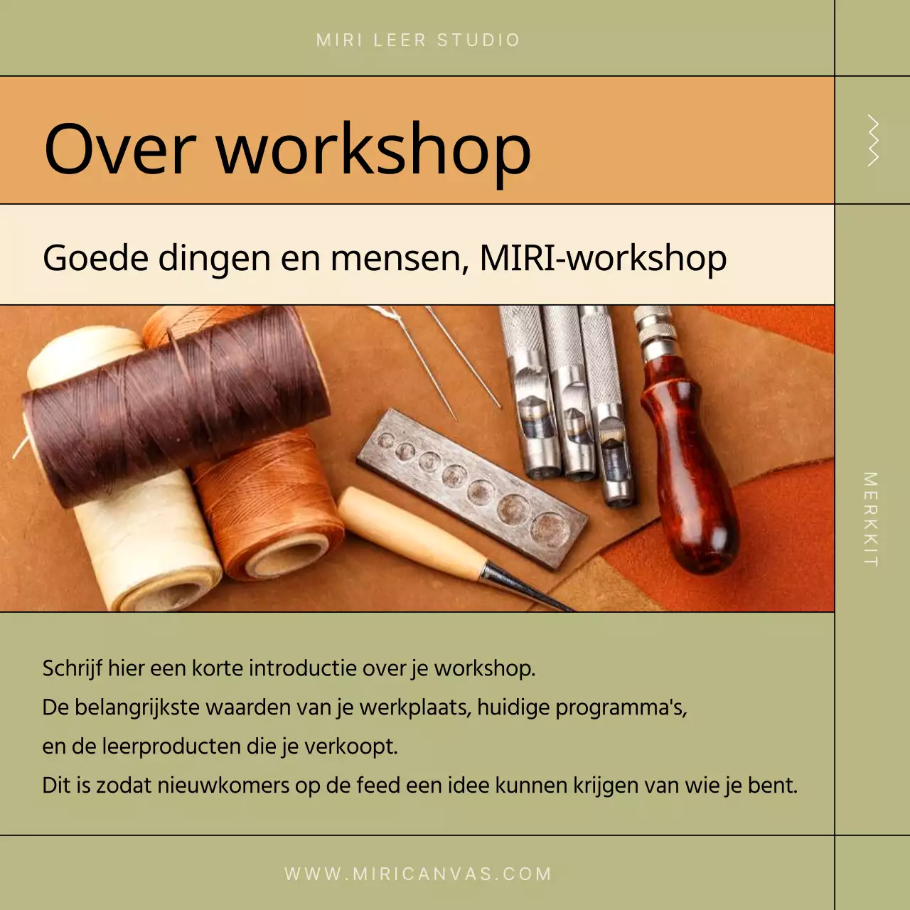 Een moderne leerwerkplaats in kaki en beige promoten