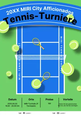 Ein einfaches Werbeplakat für ein Tennisturnier in Blau und Chartreuse.