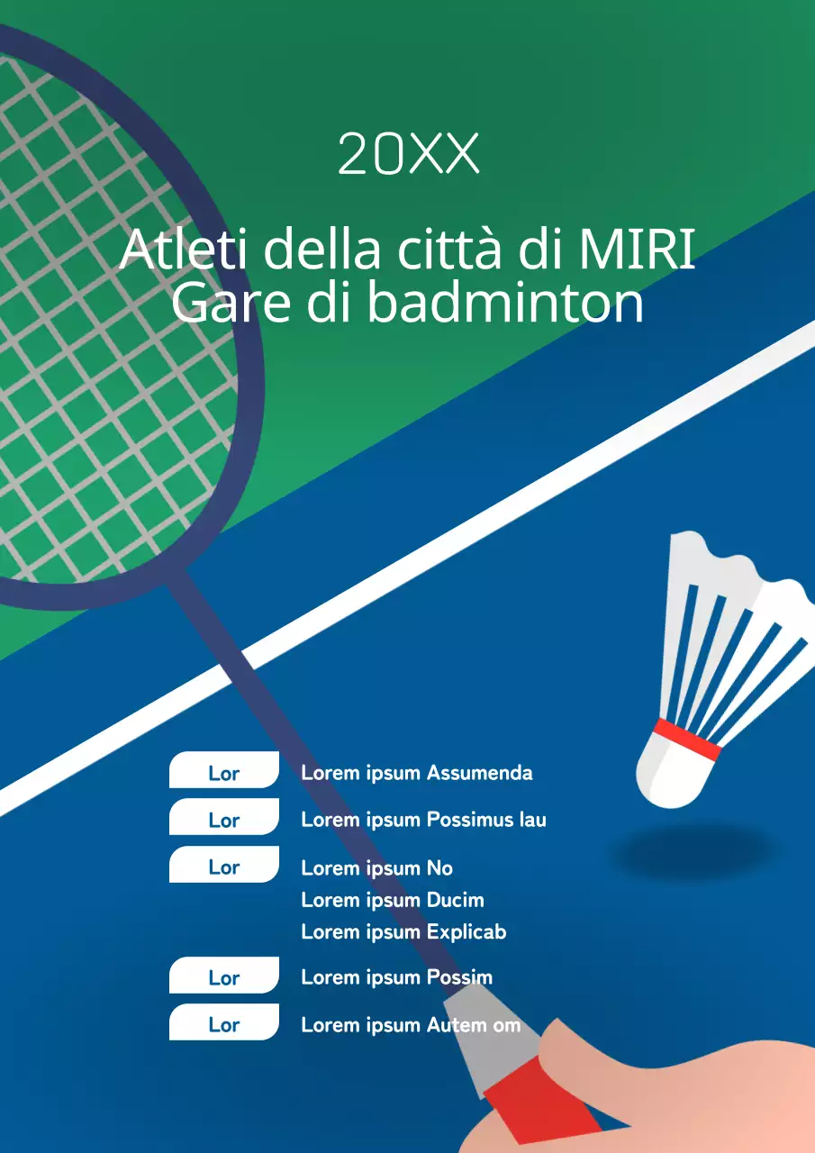 Un semplice volantino promozionale blu e bianco per un torneo di badminton