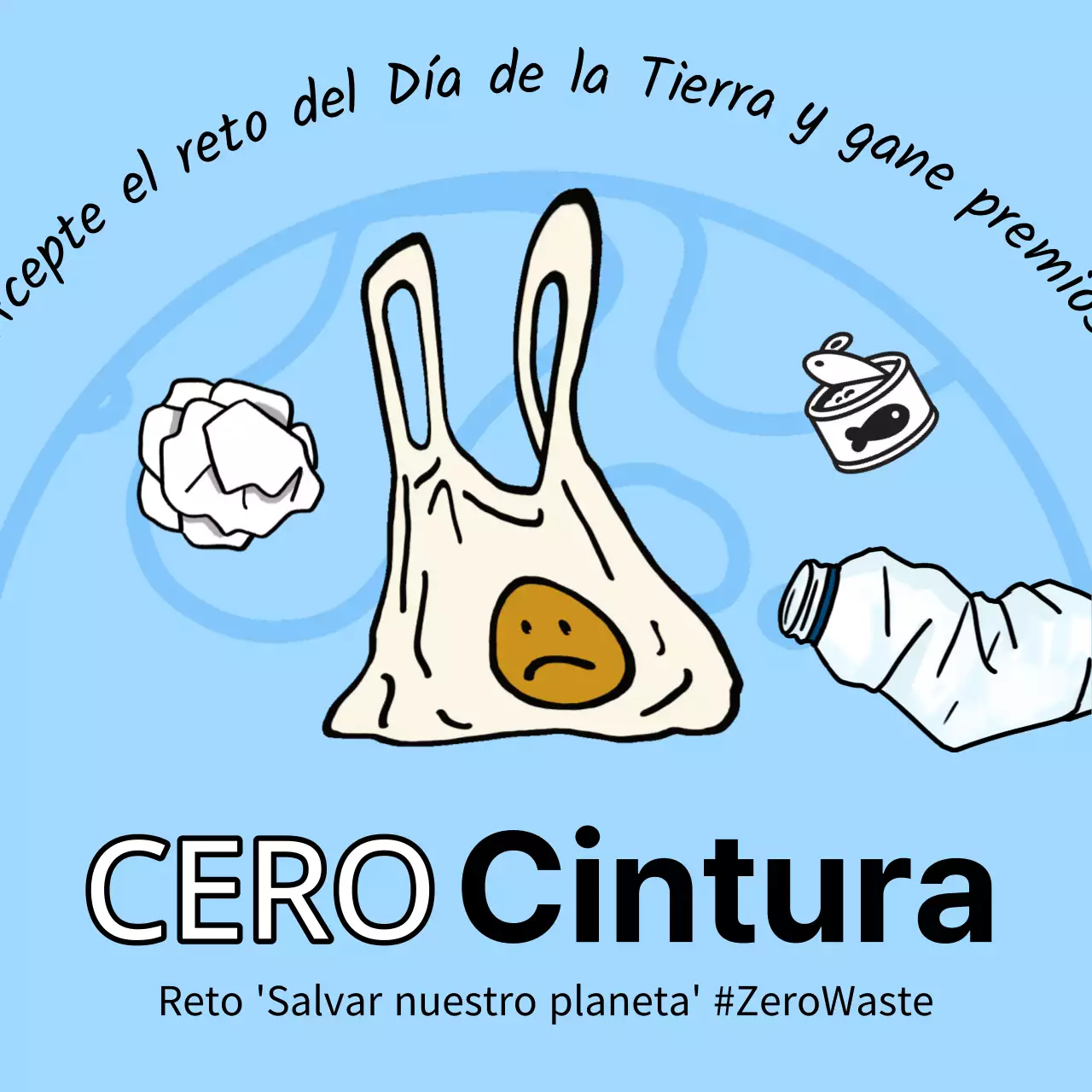 Un anuncio pop-artístico del desafío medioambiental del Día de la Tierra en azul claro y chartreuse.