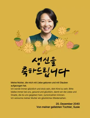 Happy Birthday mit einer Blume und einem Bild deiner Eltern