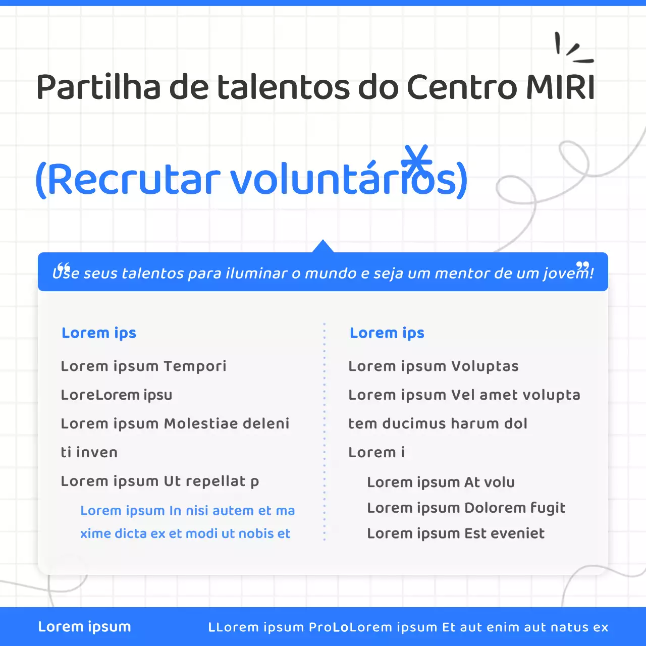 Guia simples de recrutamento de voluntários em azul e branco