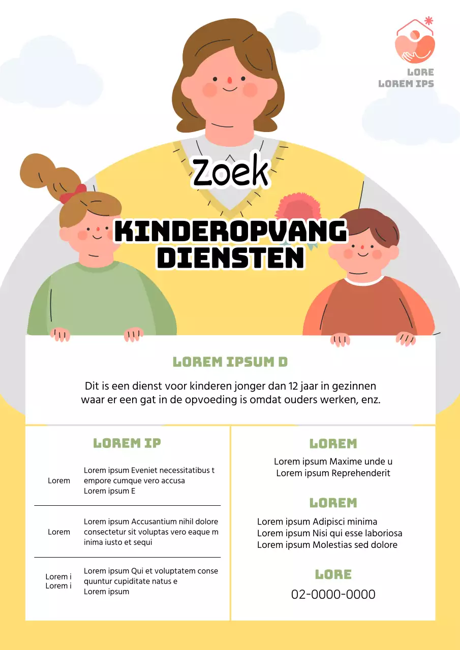 Leuke gele en groene flyer ter promotie van kinderopvang