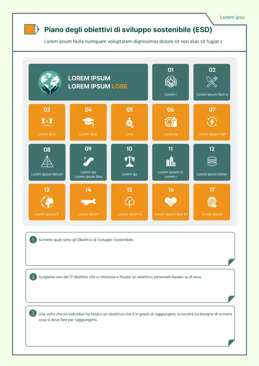 Semplice piano didattico sugli Obiettivi di sviluppo sostenibile in verde e arancione