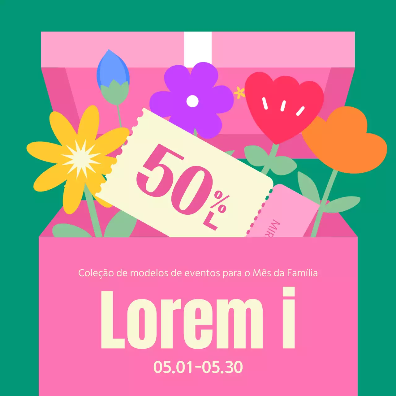 Um bonito anúncio verde e cor-de-rosa do Mês da Família de maio