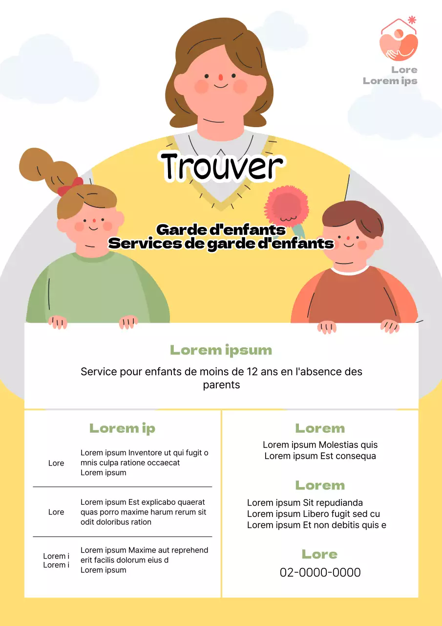 Mignon dépliant jaune et vert promouvant les services de garde d'enfants