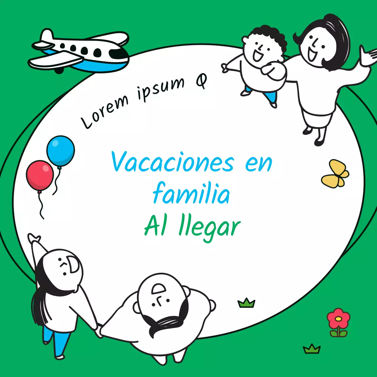 Anuncio de viaje familiar minimalista en verde y blanco