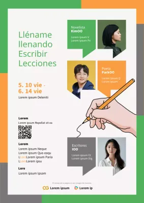 Un moderno folleto de clases de escritura en verde y naranja.