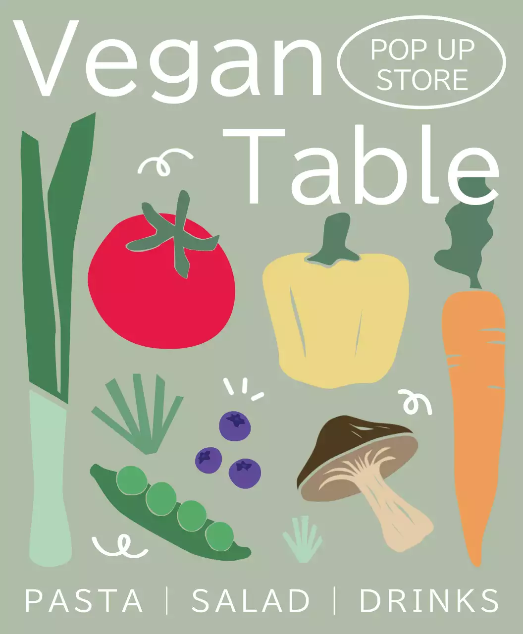 Kaos staf toko pop-up vegan dengan nuansa hijau dan sehat