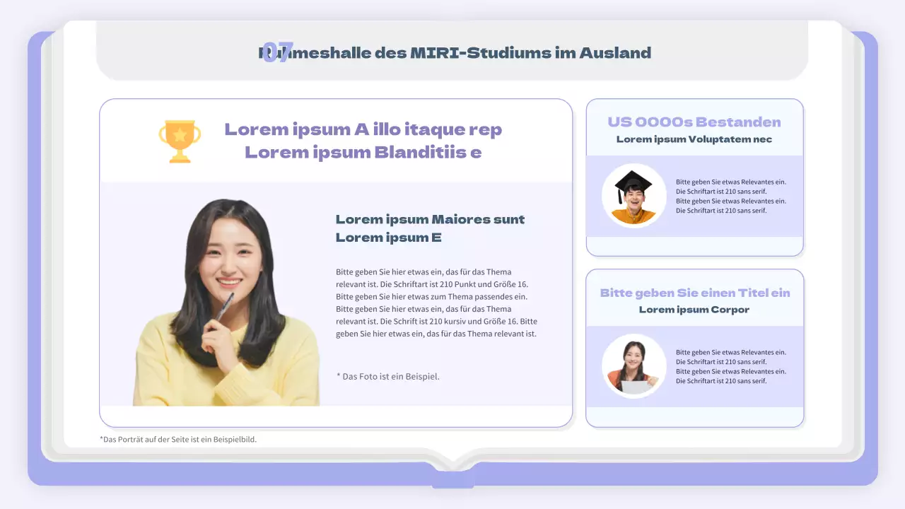 Ein einfacher Prospekt für ein Auslandsstudium in Lila und Weiß