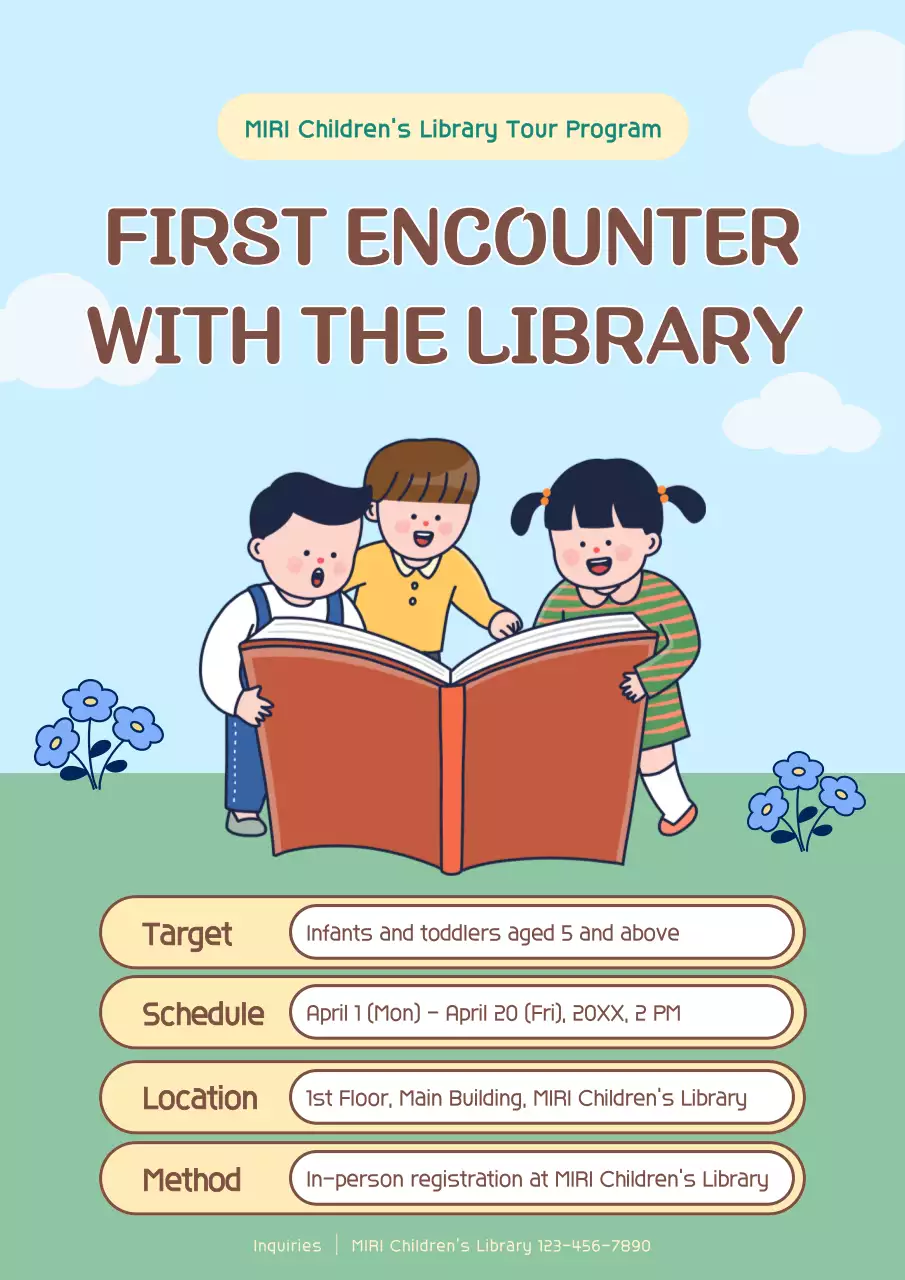 A cute yellow and brown flyer promoting a children's library field trip program.