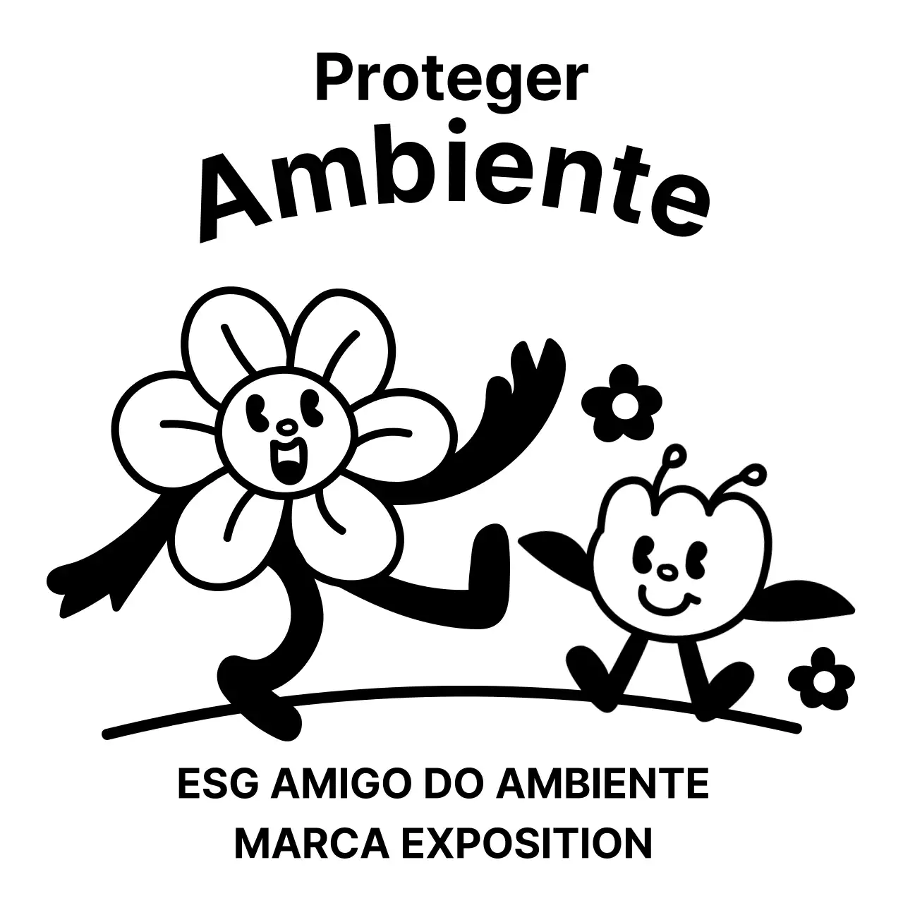 Lembrança da feira ecológica com ilustrações a traço de personagens de pétalas