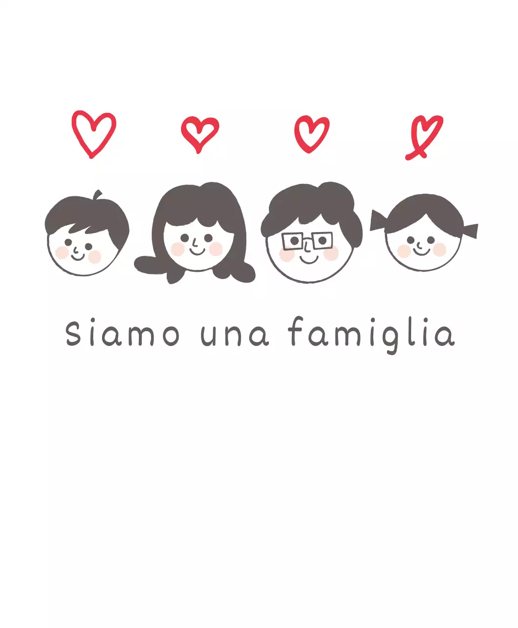 T-shirt con scarabocchi, scritte frastagliate, cuori caldi e illustrazione di una simpatica famiglia