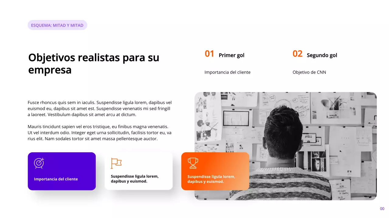 Páginas de informes de marketing modernas en añil y naranja con varios diseños