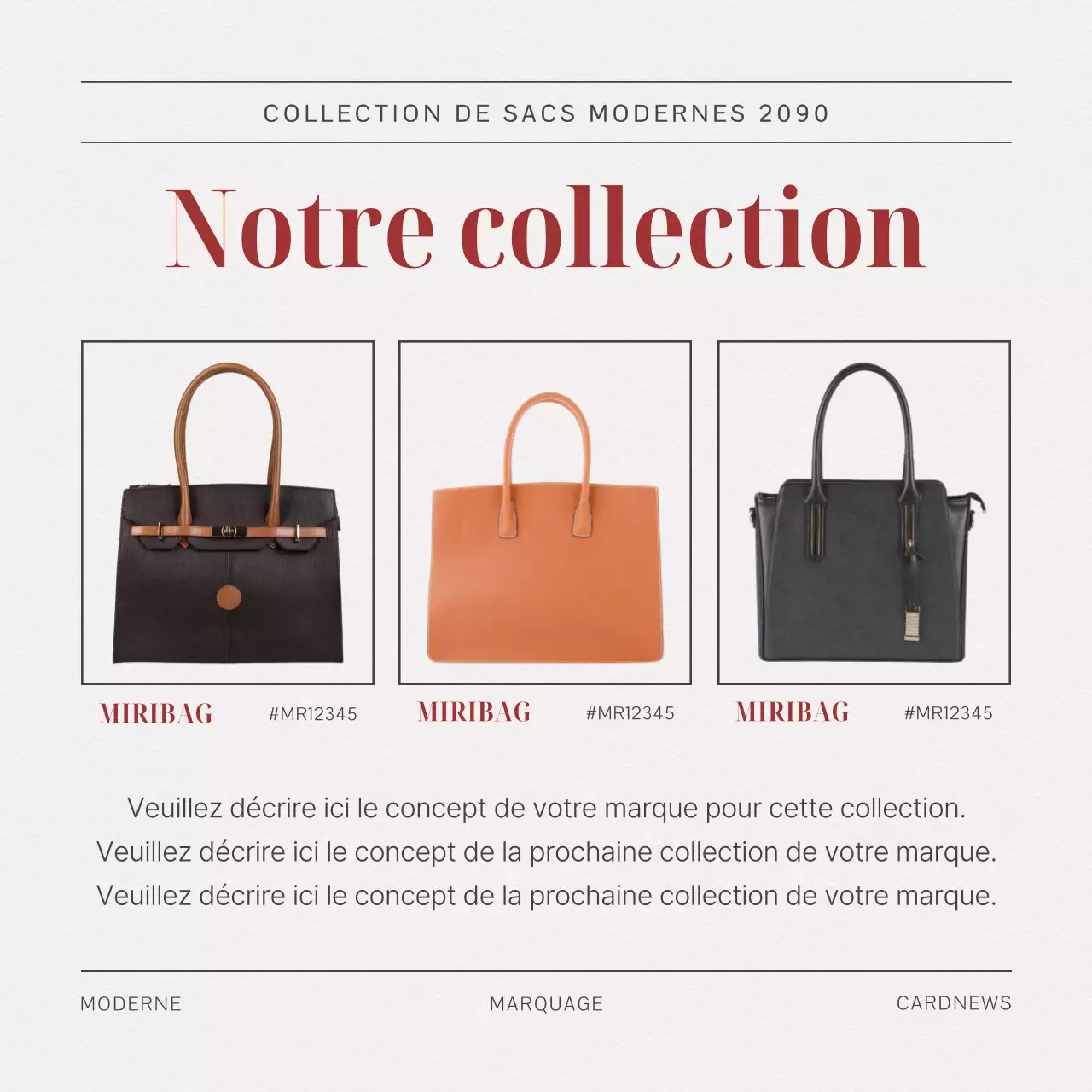 Un briefing de marque pour un sac moderne en rouge, noir et blanc