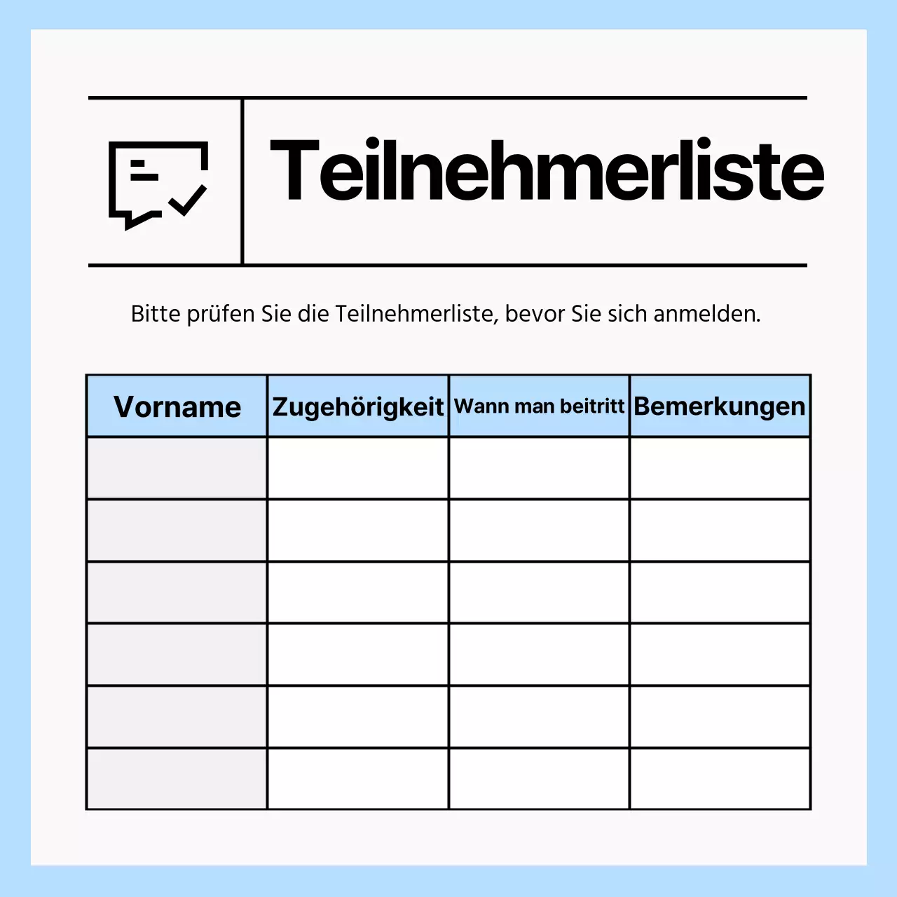 CardNews-Ankündigung mit einem einfachen Tisch in Hellblau und Weiß