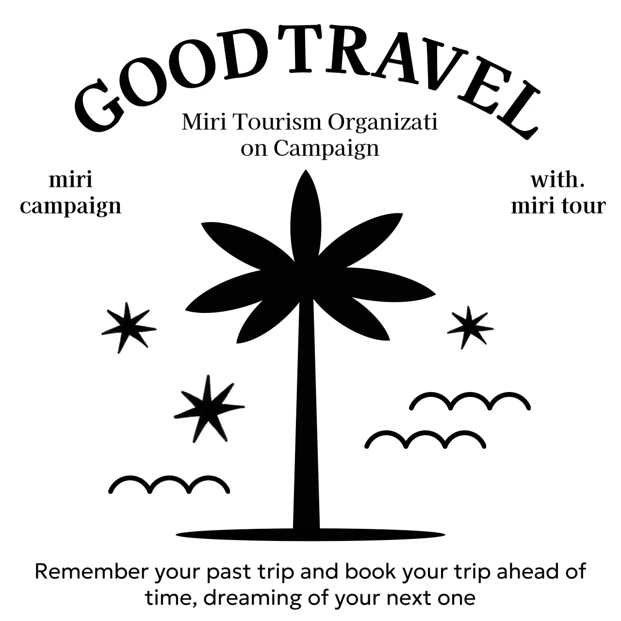 Simple travel agency merchandise with palm trees, stars, and waves.