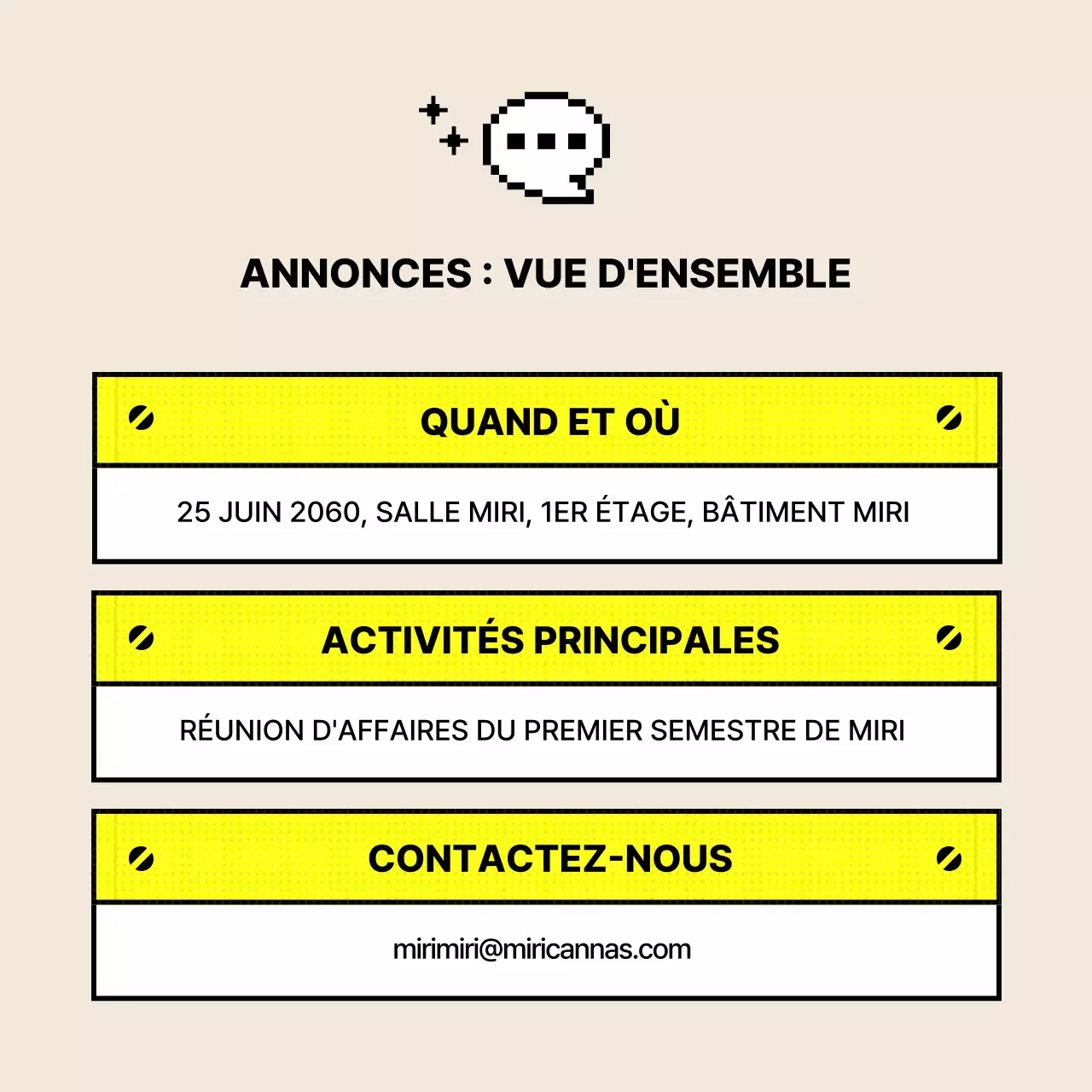 Annoncer l'utilisation de tables simples en jaune et ivoire