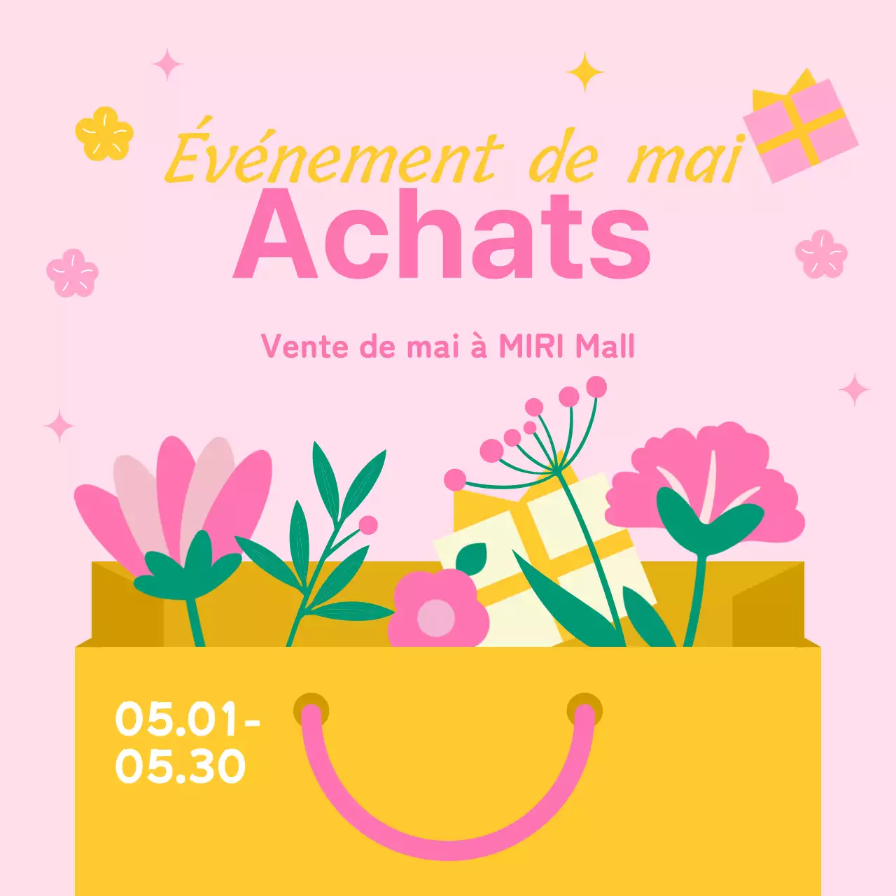 Une jolie publicité verte et rose pour les soldes du mois de mai de la famille